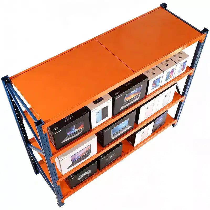 VIYET Schwerlast-Garagenregale, 4-stöckig, 2000 kg Tragkraft, verstellbares Metallregal, blau-orangefarbene Industrieregale für Geschäft/Werkzeuge/Fitnessstudio