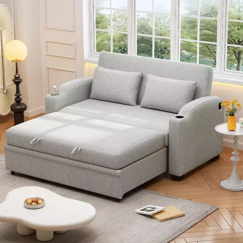 61.6 Modernes Chenille-Schlafsofa mit USB-Anschlüssen, Becherhaltern und verstellbarer Rückenlehne für Wohnzimmer, Apartment