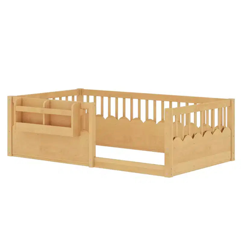 Bellemave Kinder-Bodenbett mit erhöhtem Zaun und Bücherregal, hölzernes Montessori-Bettgestell in Twin-Größe für Mädchen und Jungen