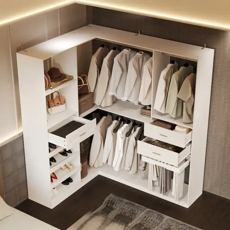 Eckkleiderschrank mit 2 Kleiderstangen, Hosenhalter und Schuhaufbewahrung