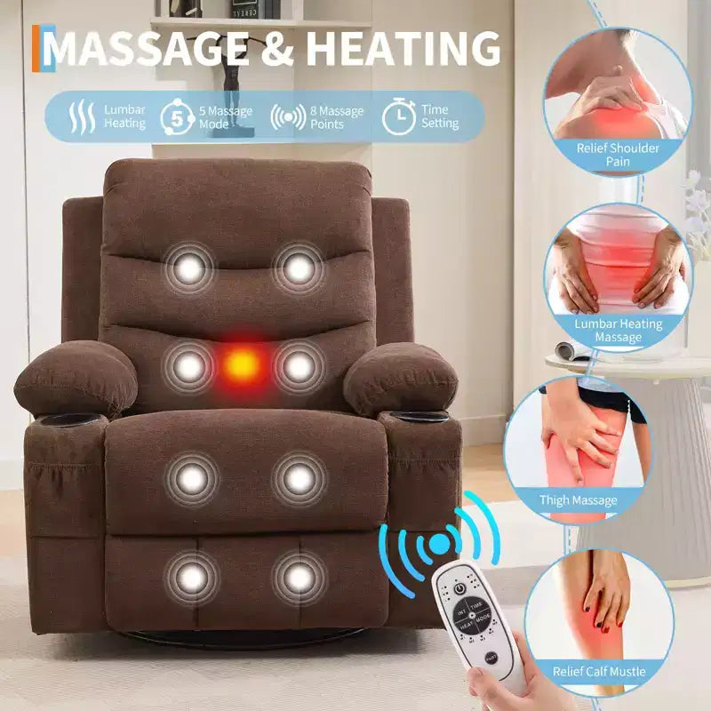 Übergroßer 360°-Dreh- und Schaukelsessel mit Massage und Heizung – Ergonomischer Loungesessel mit Getränkehaltern, Seitentaschen für Wohnzimmer, Kinderzimmer
