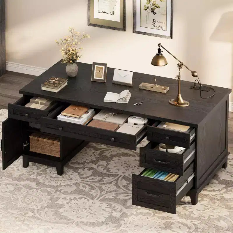 60 Executive Schreibtisch mit Schubladen, Home Office Schreibtisch mit Ladestation, Computer-Schreibtisch aus Holz für Arbeitszimmer, Konferenztisch für Wohnzimmer