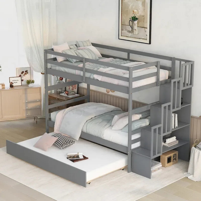 Etagenbett (Twin über Twin) mit ausziehbarem Bett und Treppe mit Stauraum in Grau