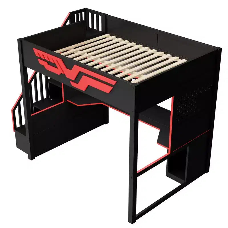 Vollständiges Gaming-Hochbett mit Schreibtisch und LED-Beleuchtung, großes Hochbett aus Holz mit Treppe und Stauraumtreppe sowie USB-Anschluss, Rot+Schwarz