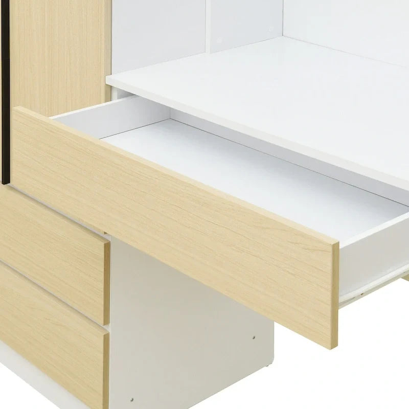 3-in-1 Kleiderschrank mit Schminktisch, Schreibtisch-Set, Schlafzimmer-Schrank mit 2 Schubladen, 3-türiger Aufbewahrungsschrank mit Schreibtisch