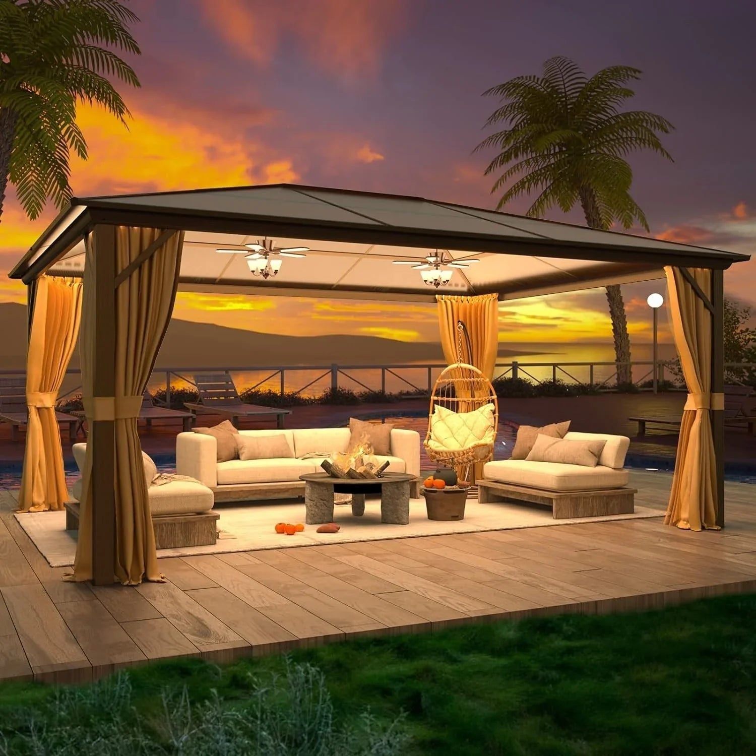 EROMMY Hardtop-Pavillon, Outdoor-Pergola mit Doppeldach & Netzen & Vorhängen, Hochleistungs-Canopy für Terrasse, Garten, Poolparty