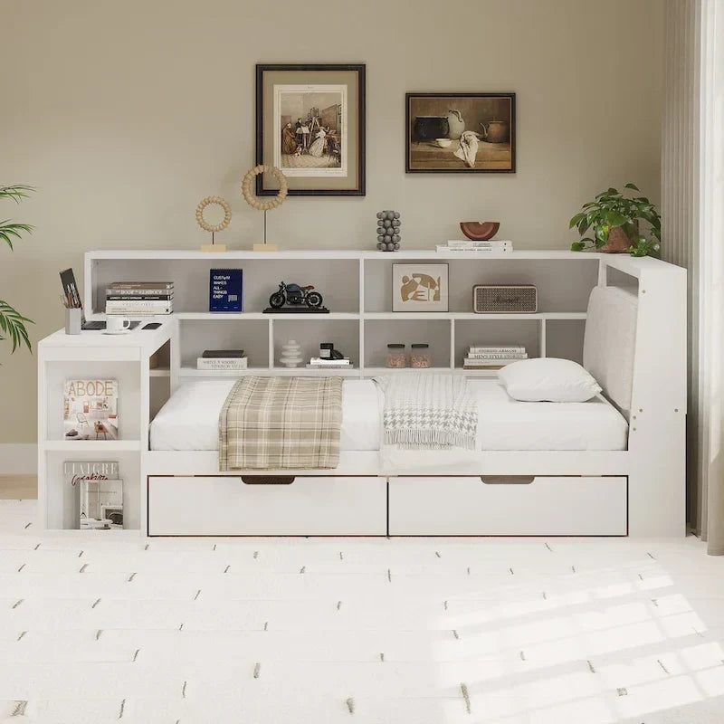 L-förmiges Holzsofa-Tagesbett mit Schreibtisch, Bücherregal, Eckbett mit Schubladen unter dem Bett, gepolstertem Kopfteil und integrierter Beleuchtung