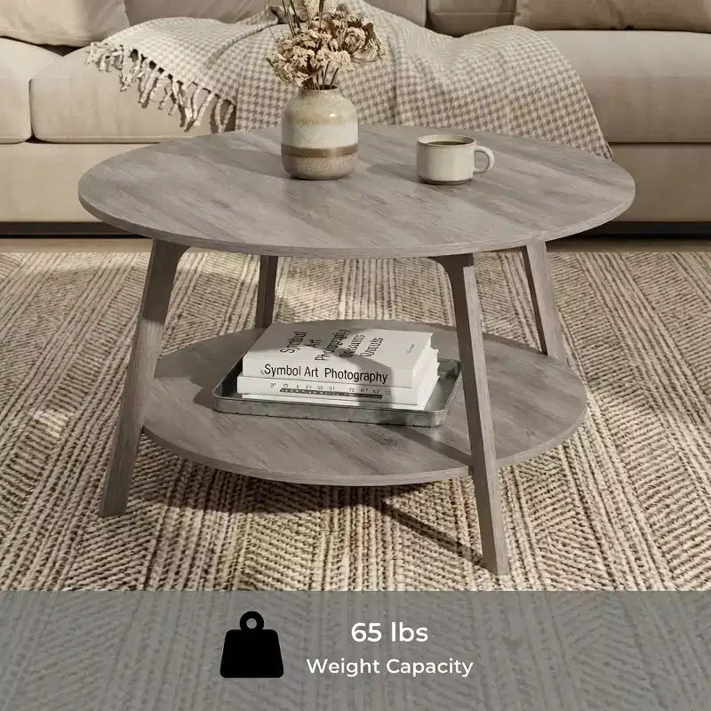 Honigbrauner runder Couchtisch mit 2 Ablageflächen, Maße 80 x 45 cm, ideal für das Wohnzimmer