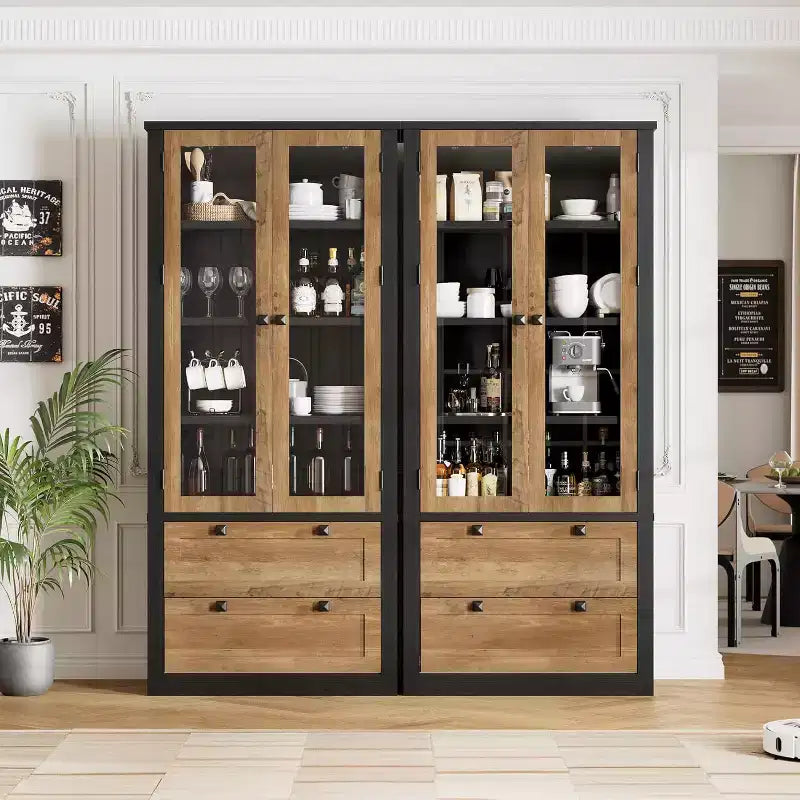 Farmhouse Küchenschrank mit Glastüren, 183 cm Vorratsschrank mit Schubladen und verstellbaren Regalböden für Esszimmer, Bad, Wohnzimmer
