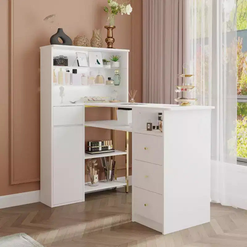 Weißer Nageltisch mit integrierter Staubabsaugung, Display aus gehärtetem Glas, goldenen Griffen, Nagelsalon-Station, Schminktisch