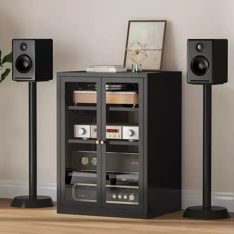 Bekrvio Metall-Mediaschrank, 4-stöckiger Stereoschrank mit Glastüren und verstellbaren Einlegeböden, Audio-AV-Rack mit Kabelmanagement