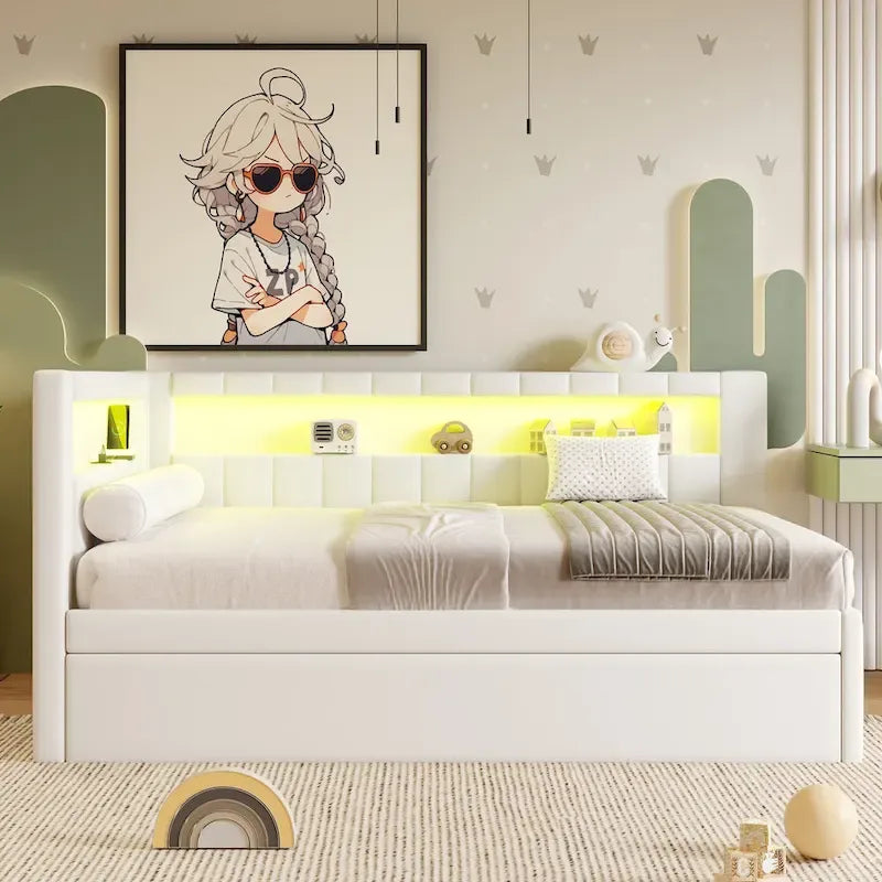 Gepolstertes Plattformbett mit USB-Anschlüssen & LED-Beleuchtung – Einzel-/Doppelbettgestell mit 2 Schubladen – Modernes Schlafzimmer