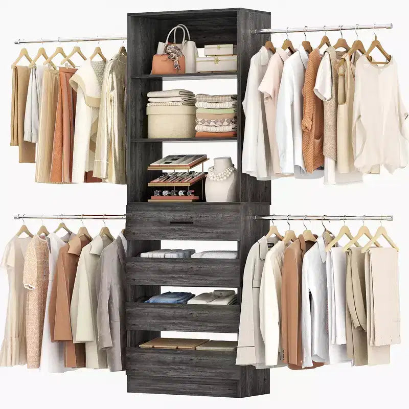 Besiost 4-9 Fuß Kleiderschranksystem aus Holz mit 4 Schubladen, 4 Kleiderstangen und Regaltürmen