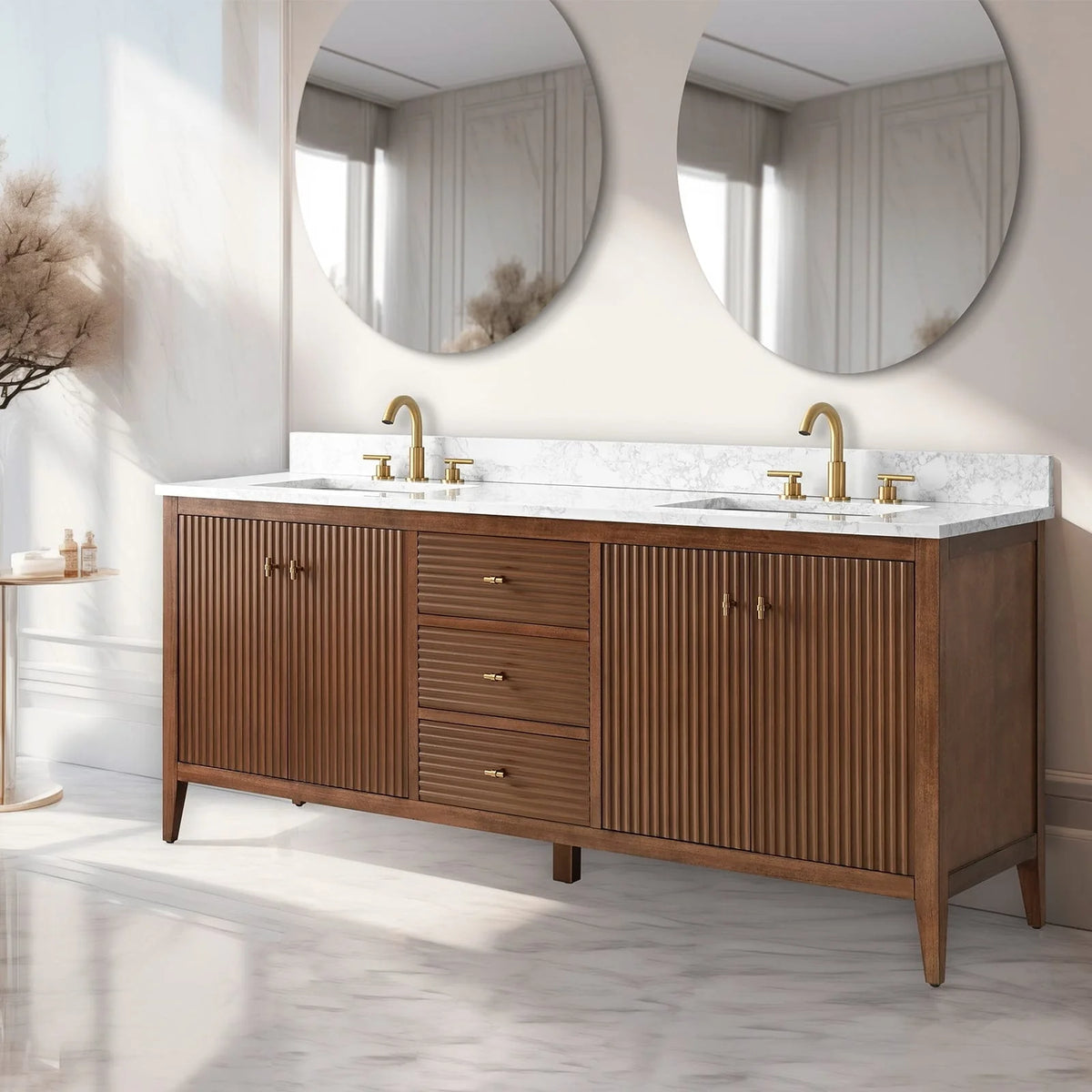 Vanity Art 72 Zoll Badezimmer-Waschtischunterschrank mit Doppelwaschbecken und Kunstmarmorplatte
