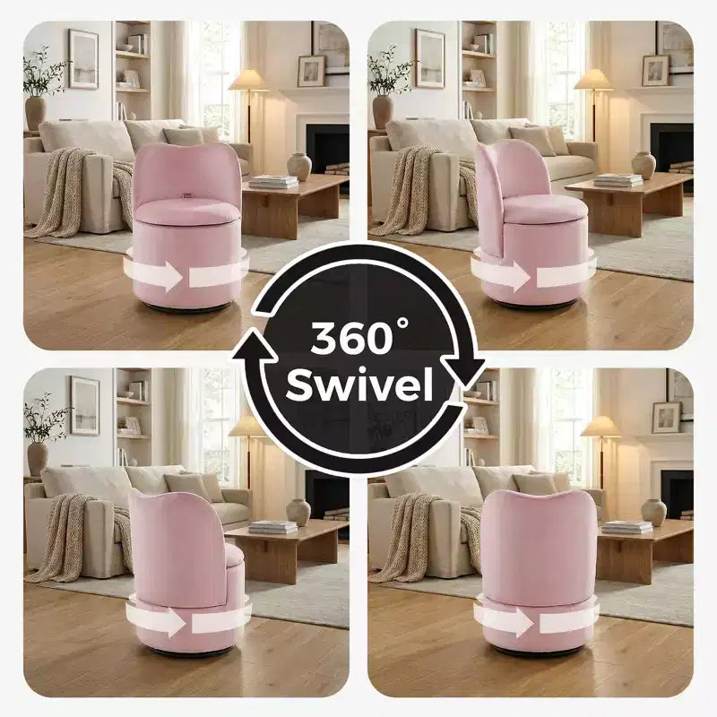 Drehbarer Schminkstuhl mit Stauraum, gepolsterter runder Make-up-Hocker mit Rückenlehne, weich gepolsterter Fass-Akzent-Sessel für Schlafzimmer und Wohnzimmer