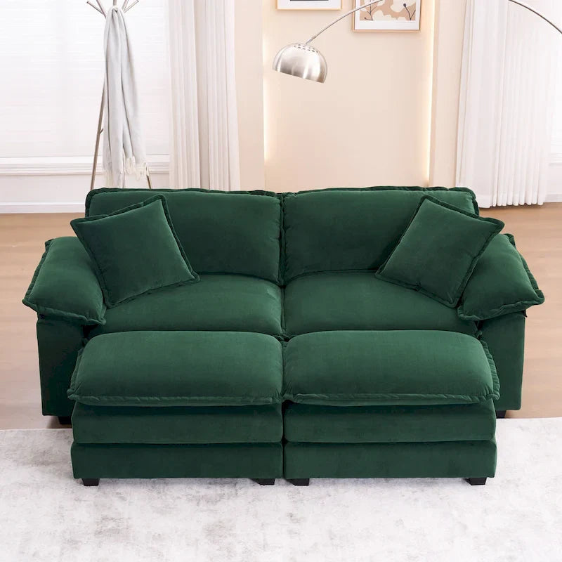 2-Sitzer-Sofa mit 2 Kissen, 2 Polstern und 2 Hockern, bequemes Sofa – Tiefes Wohnzimmersofa, Modulsofa