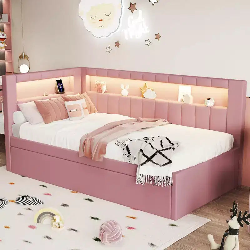 Einzel-/Doppel-Tagesbett mit Ausziehbett und L-förmigem Bücherregal-Kopfteil, gepolstertes Eckbett aus Leinen mit Ablageregalen und LED-Beleuchtung