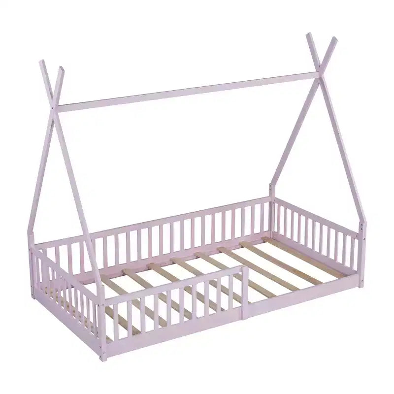 Bodenbett für Kinder, Zeltbetten in Doppelbettgröße, Montessori-Bodenbett mit Lattenrost und Zaungeländer, Holz-Hausbettgestell für Jungen und Mädchen
