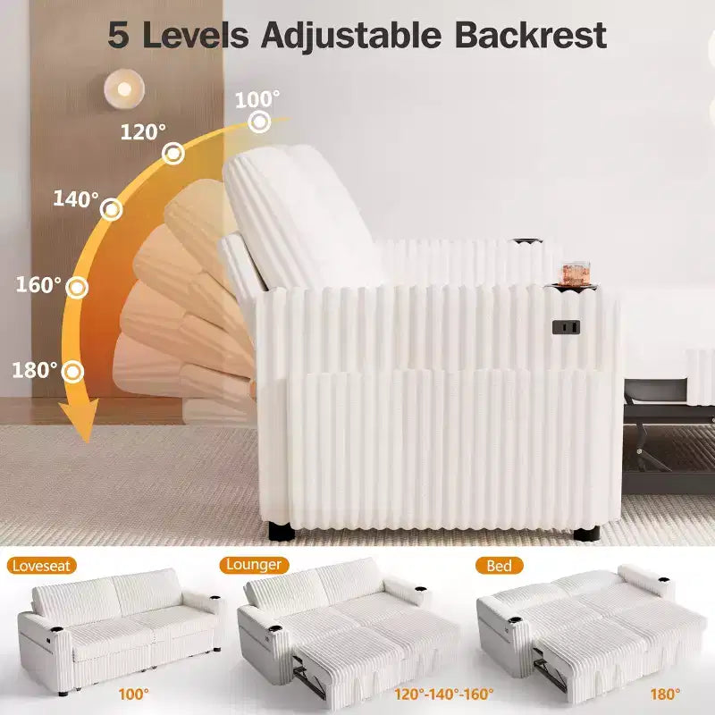 Dyonery 91 Sektional Schlafsofa mit Ausziehbett, verstellbarer Rückenlehne/zwei Ausziehbetten/USB-Anschlüssen/Getränkehaltern, Plüsch-Kordbezug