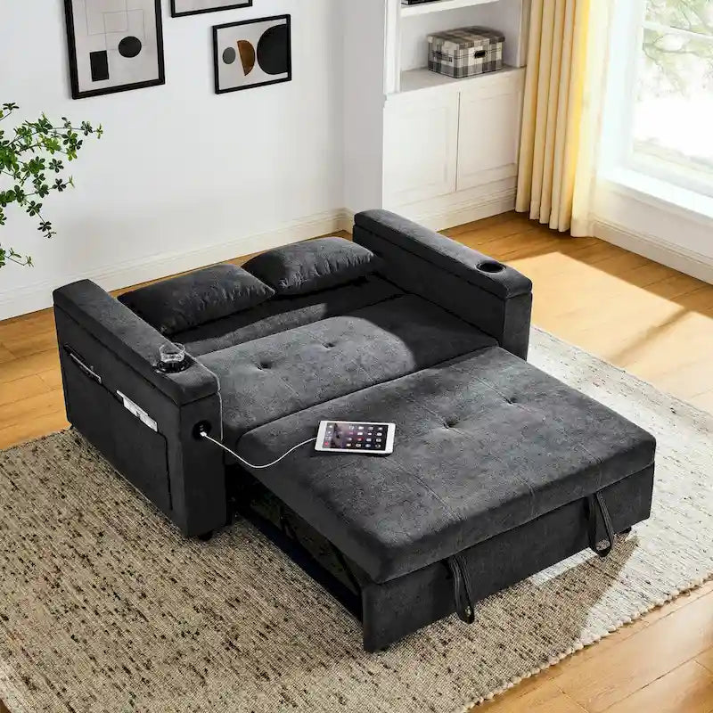 54 Schlafsofa zum Ausziehen, 2-Sitzer-Schlafsofa mit Stauraum, Lendenkissen, USB-Steckdose