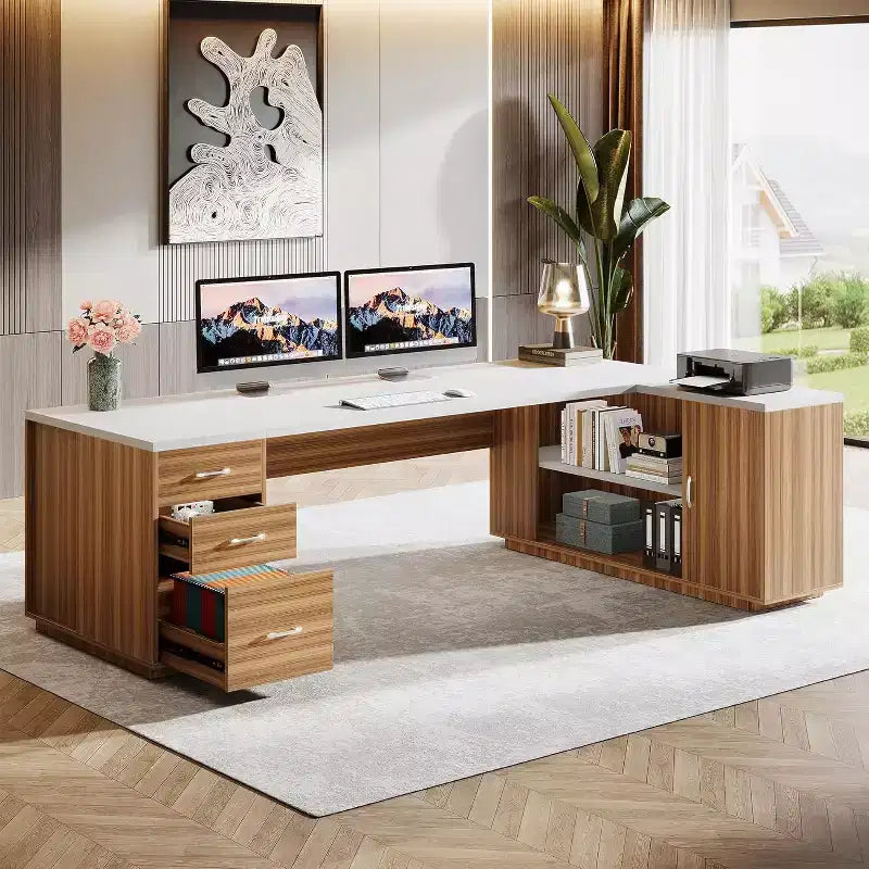 Lantine 85.8 L-förmiger Chefschreibtisch, extra großer Büro-Computertisch mit Aktenschubladen für das Heimbüro
