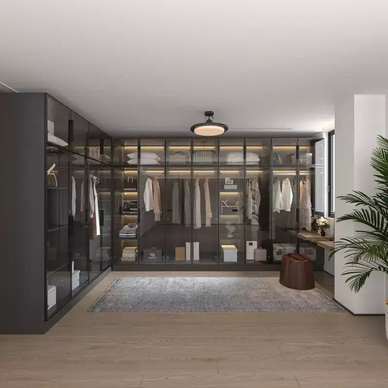 Hitow Pure Black Luxus-Kleiderschrank mit Türen aus gehärtetem Glas, 3-Farben-LED-Beleuchtung, vom Boden bis zur Decke reichender Schlafzimmerschrank-Organizer, Ankleidezimmerschrank