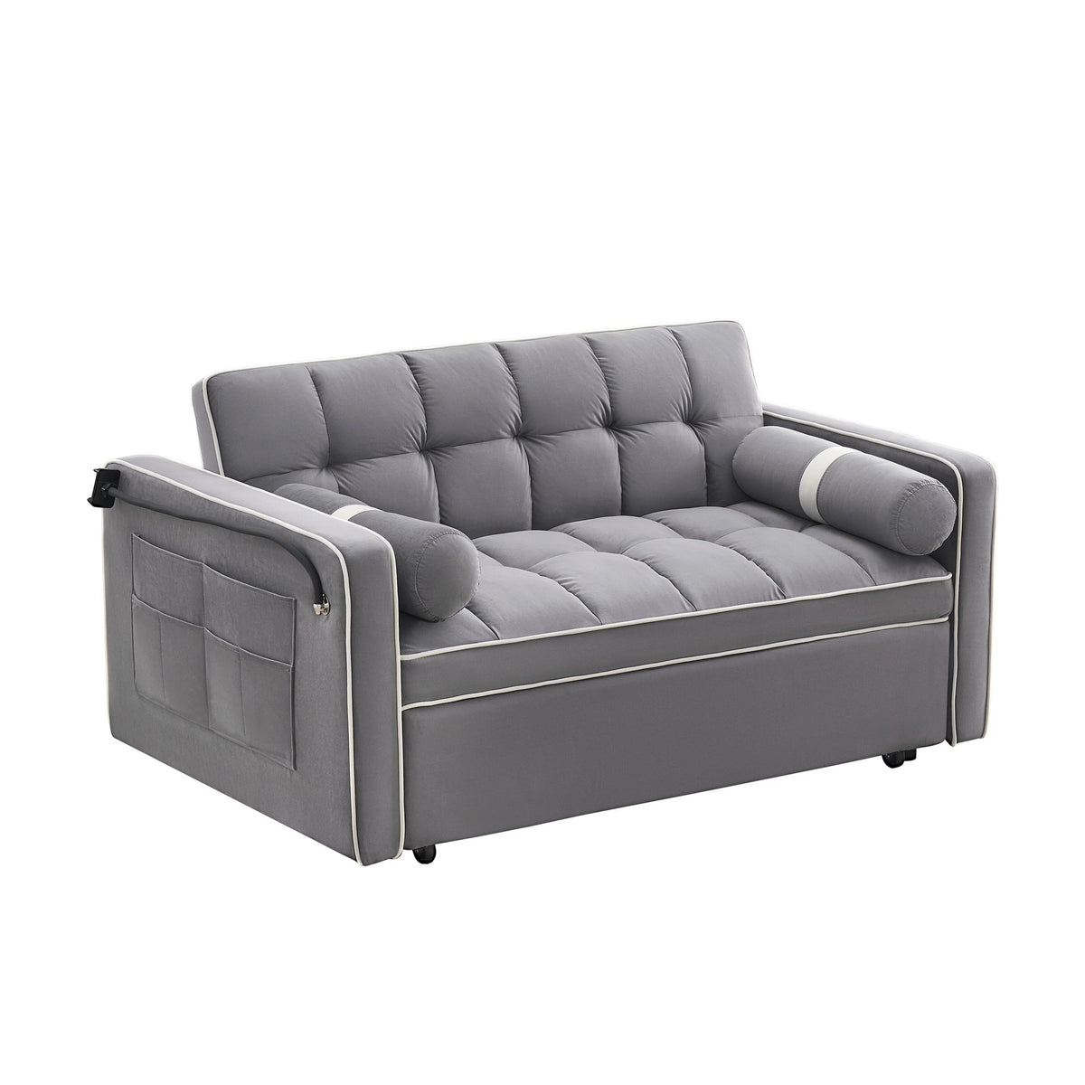 Samt-Schlafsofa zum Umbauen, 140 cm, 2-Sitzer, mit Ausziehbett, verstellbarer Rückenlehne, Seitentaschen und Handyhalterung