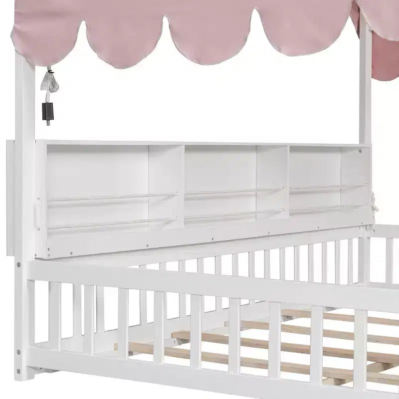 Whisen Vollholz-Bettgestell, Hausbett mit Zaun, 3 Aufbewahrungsregale, Vorhang