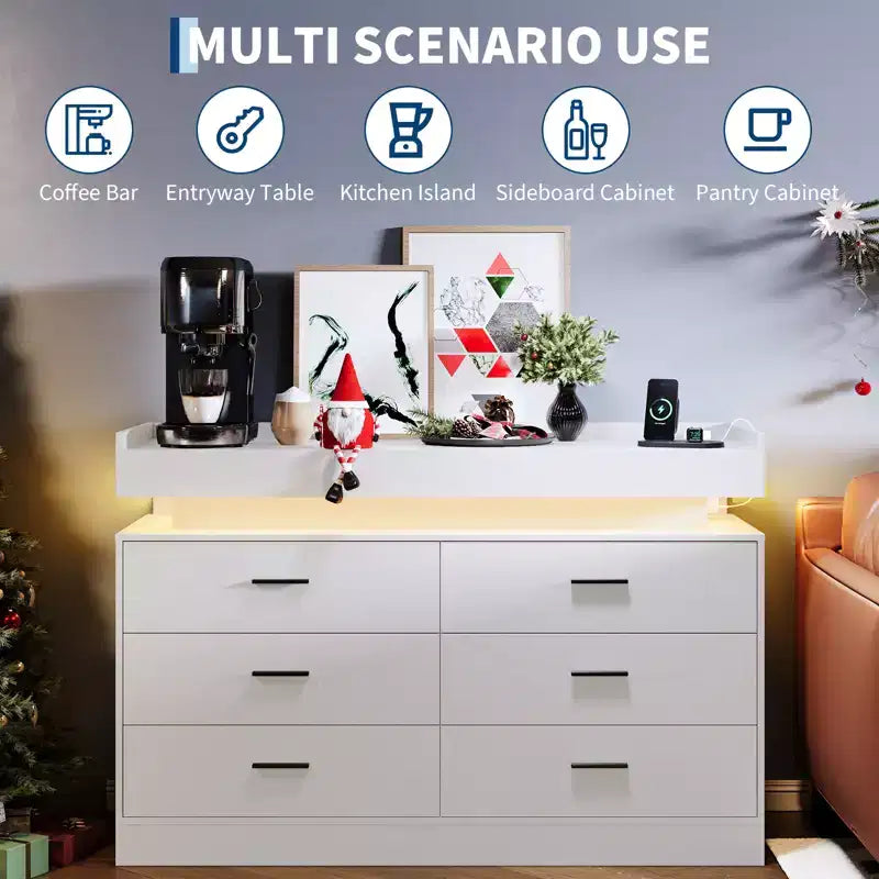 Moderner TV-Schrank mit 6 Schubladen & LED-Beleuchtung, schwebende Arbeitsplatte als Kaffeebar für Wohnzimmer Entertainment Center