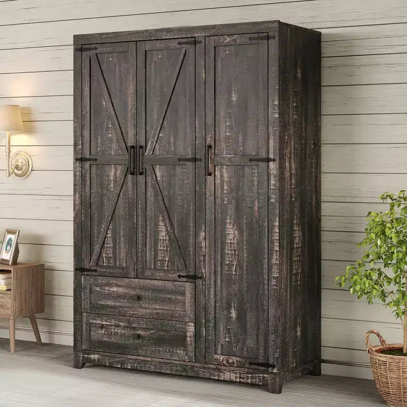 AMERLIFE 47 Bauernhaus-Kleiderschrank mit 3 Türen, 2 Schubladen, Kleiderstange und verstellbaren Einlegeböden, freistehender Schrank-Organizer