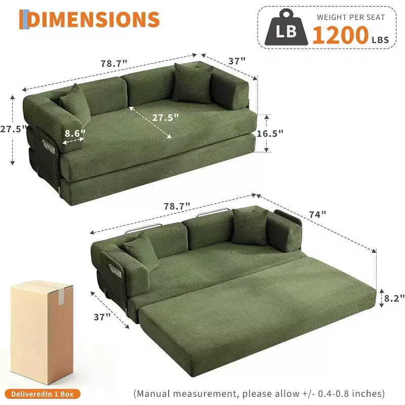 5-in-1 Schlafsofa, 78.8 Modulares Cord-Schlafsofa mit stabilem Rahmen, Multifunktions-Futon für kleine Räume, Wohnzimmer und Gästezimmer