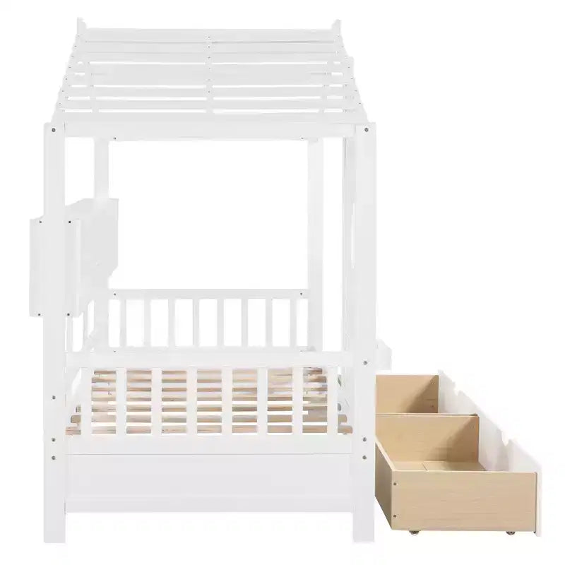 Hausbett aus Holz in Twin-/Full-Size mit 2 Schubladen, Kinderbett mit Ablageregal - ModernLuxe