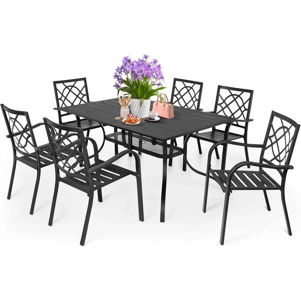 SUNCROWN Garten-Essgruppe 5/7-teilig, Stahl, Tisch mit Metalllatten und stapelbaren Stühlen, pulverbeschichteter Rahmen