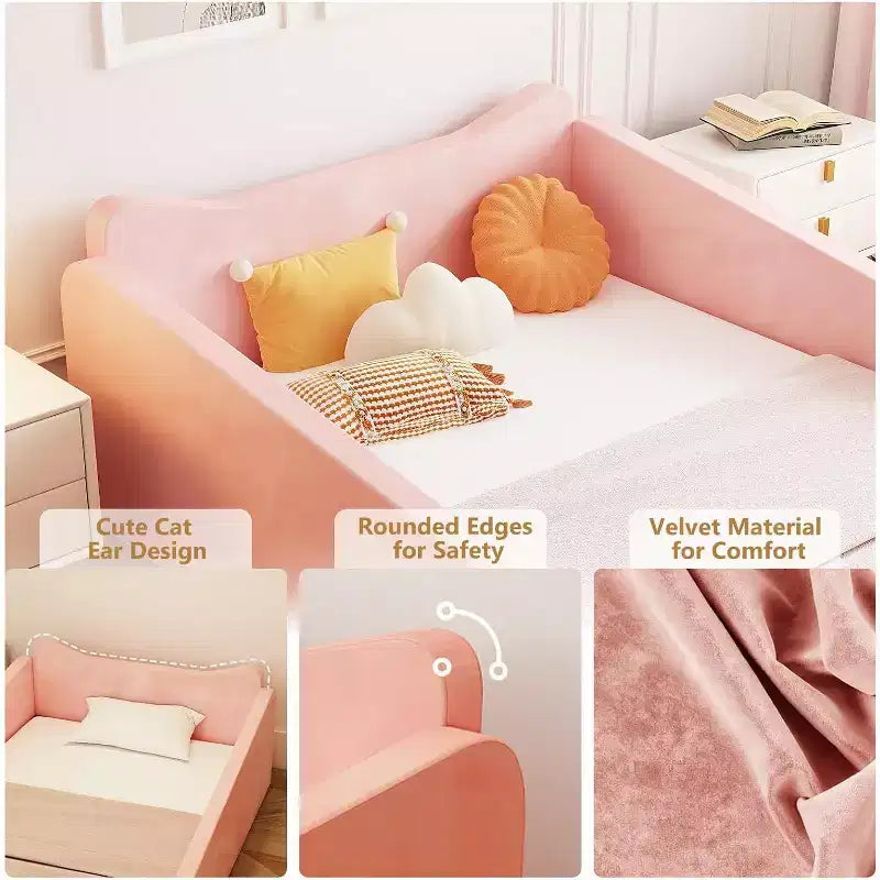JOYMOR Kleinkindbett, Bodenbett mit Sicherheitsgeländer, Montessori-Kleinkindbett mit Tierohren, Pink