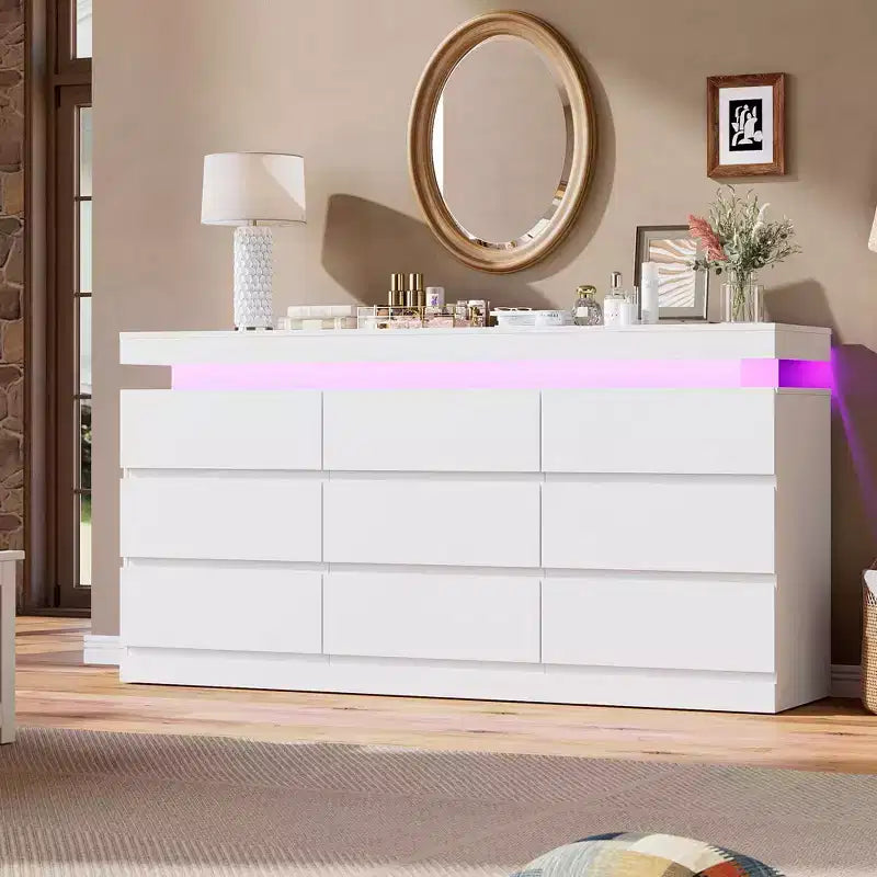 9 Schubladen Kommode für Schlafzimmer, Schubladenschrank mit Ladestation & LED-Beleuchtung, Doppel-Holz-Kleiderschrank, Moderne Kommode TV-Ständer