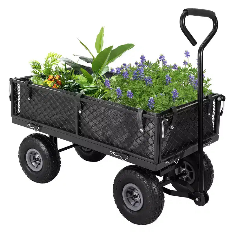 Hochleistungs-Stahl-Gartenwagen, 500 Lbs, klappbarer Gerätewagen mit abnehmbaren Gitterseiten und Einlage, 10 pneumatische Reifen, Ziehgriff