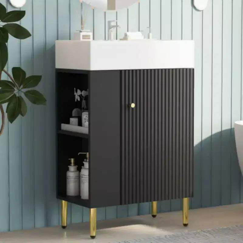 21.6 weißer Badezimmer-Waschtisch, Kombi-Schrank, Badezimmerschrank, Einzelkeramikwaschbecken, Stauraum auf der linken Seite