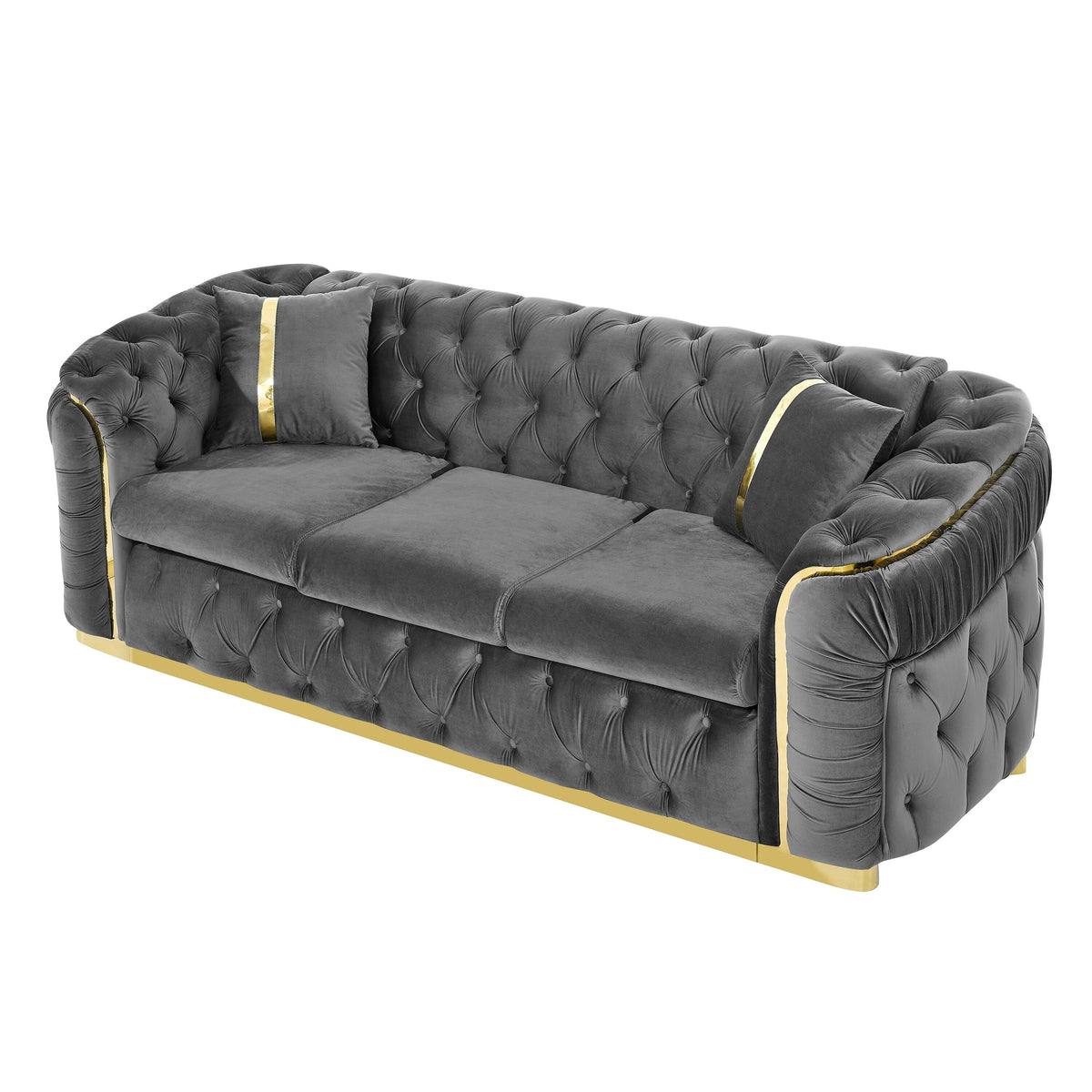 90.6 Samt-Dreisitzer-Sofa mit 2 Kissen, hochdichten Polstern, goldenen Akzenten und Kissen