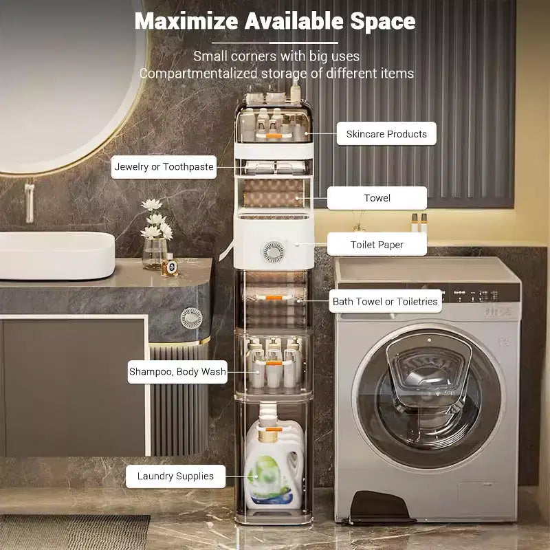 Schlanker Badezimmerschrank, 7-stöckiger schmaler Aufbewahrungsschrank – mit wasserdichten Organizern, Taschentuchbox-Halter und Rollen, ideal für Bad, Küche, Waschküche