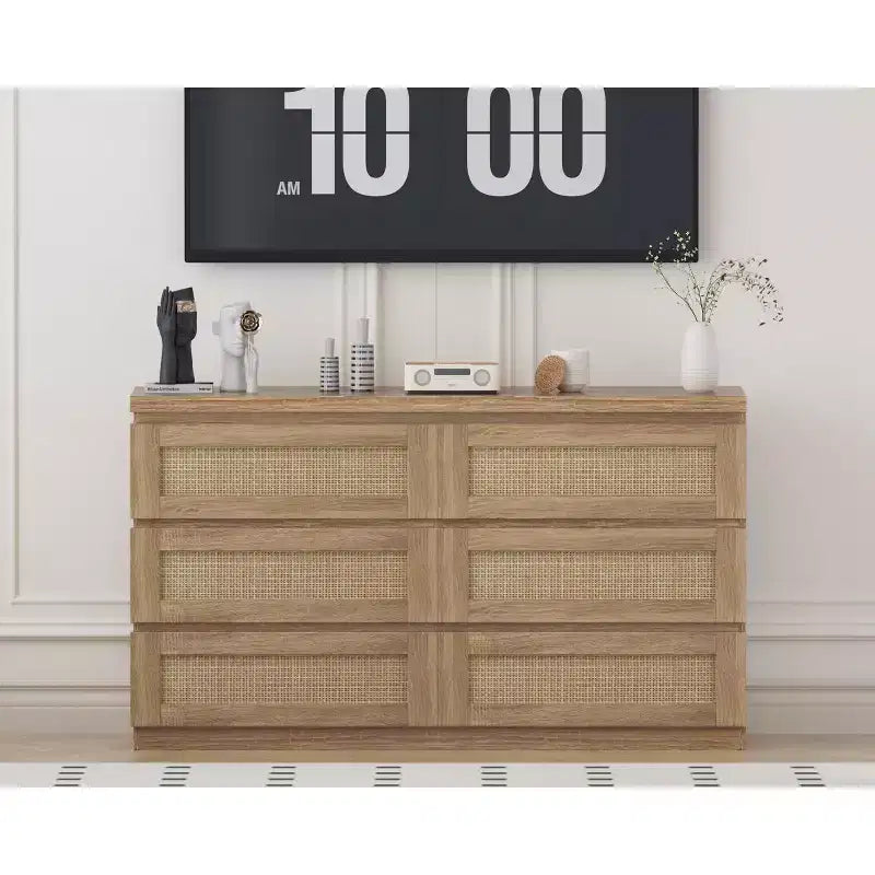 Rattan-Kommode für Schlafzimmer mit 6 Schubladen, 47" moderne Farmhouse breite Kommode, Holz-Aufbewahrungsschrank-Organizer für Kleiderschrank, Wohnzimmer, Flur