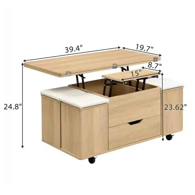 Multifunktionaler moderner Couchtisch mit Hebefunktion, verstecktem Stauraum, 4 Hockern und Rollen, perfekt für moderne Wohnbereiche