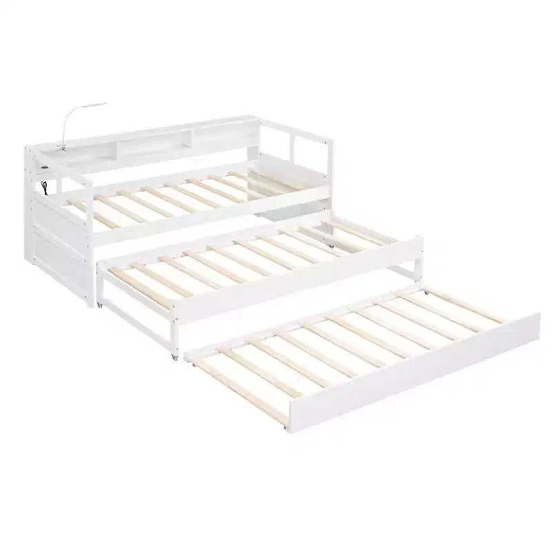 Whisen Twin XL Tagesbett aus Holz mit 2 Ausziehbetten, 3 Staufächern, 1 kostenloser Leuchte und USB-Ladefunktion