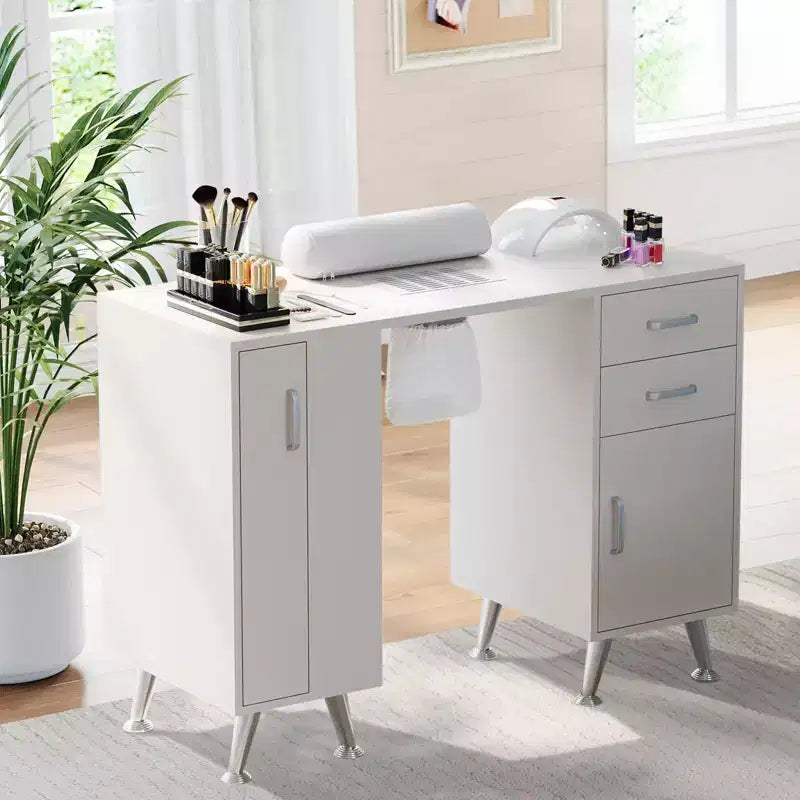 GustoWave 42,5 Zoll Manikürtisch Nagelstation mit Handauflage und Staubabsaugung, Nageltisch mit vertikal ausziehbarem Schrank, Weiß