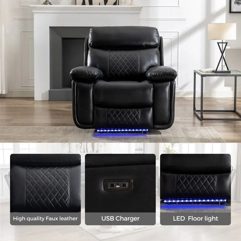 Elektrisches Liegesofa mit kabelloser Ladestation, Leselampe, LED-Beleuchtung für Wohnzimmer, Kunstleder, AC-/USB-Anschluss, Getränkehalter, Schwarz