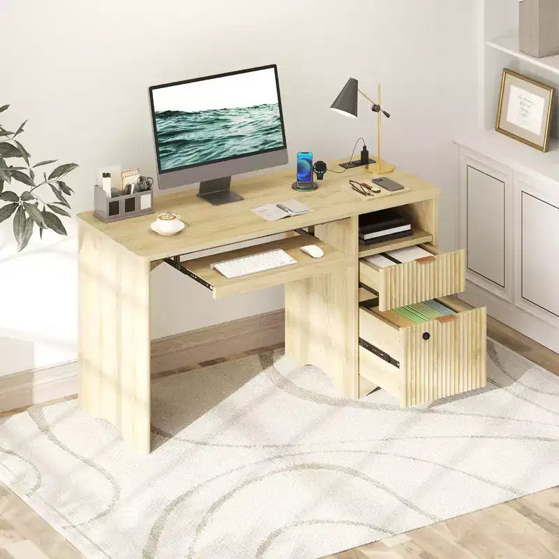 Bestier 55 Smart Computertisch, Eiche Schreibtisch mit Aktenschubladen und Steckdose, Chefschreibtisch mit offenem Stauraum und Tastaturauszug