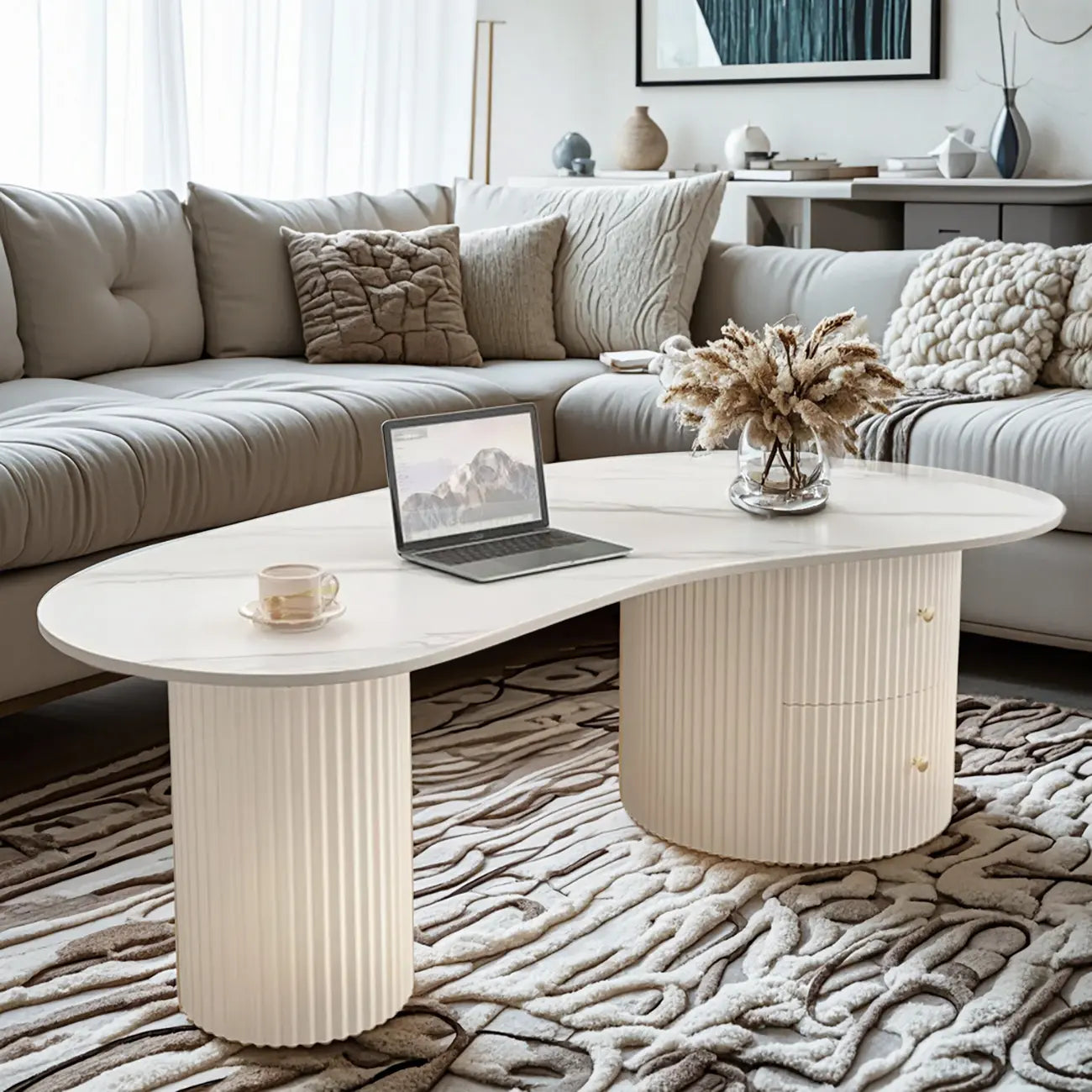 Minimalistischer ovaler Couchtisch in Standardweiß mit 2 Schubladen