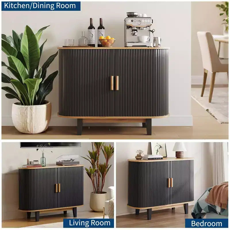 40 Zoll Geriffeltes Sideboard, Anrichte mit Schiebetür und verstellbarem Regal, Moderne Kredenz-Aufbewahrungsschränke, Rollladen-Bar-Konsolentisch