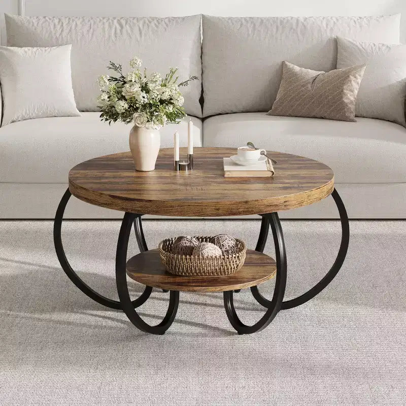 30 Zoll runder industrieller Couchtisch, 2-stöckig mit verstellbaren Füßen, Holzmaserungsablage, Flammendesign, einfache Montage, Wohnzimmer