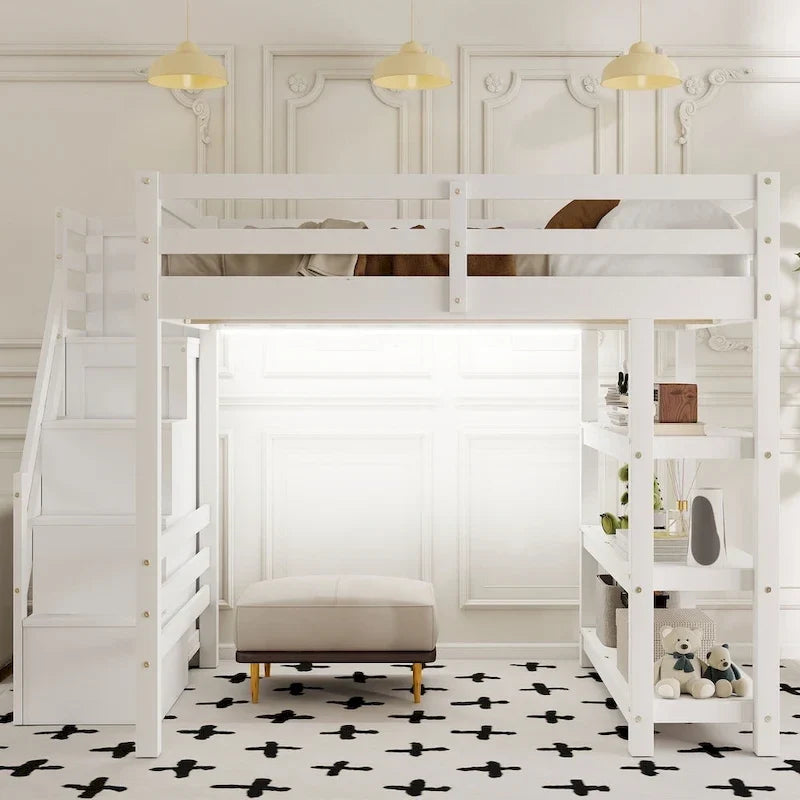 Hochbett mit Stauraumtreppe (Einzel-/Doppelbett) – Regale, Kleiderschrank & LED-Beleuchtung, platzsparendes Design
