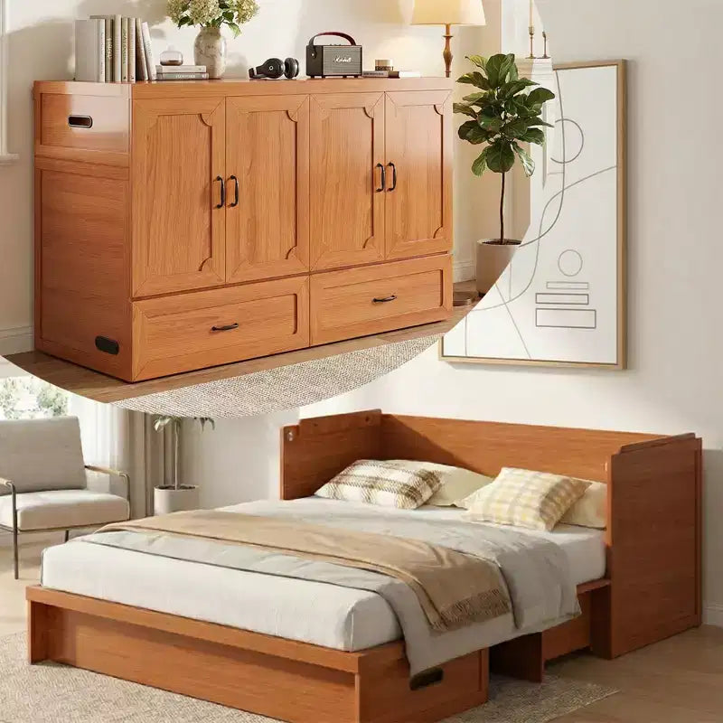 Mjkone Queen Size Wandelbares Murphy-Schrankbett mit USB-Ladefunktion, Schubladen, keine Matratze enthalten